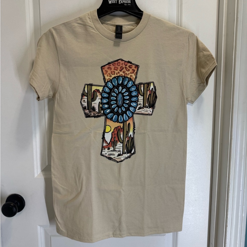 Beige Graphic T-Shirt with Cross Design unisex fit